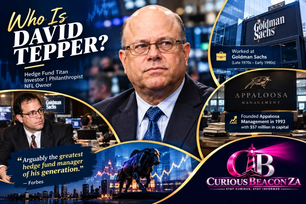 David Tepper biography graphic featuring his portrait, Goldman Sachs, Appaloosa Management, financial market charts, and a quote attributed to Forbes, with Curious Beacon ZA branding.